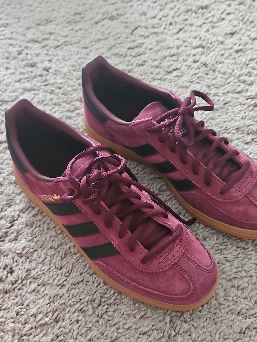 adidas Women’s Suede Sneakers in Burgundy with Black Stripes